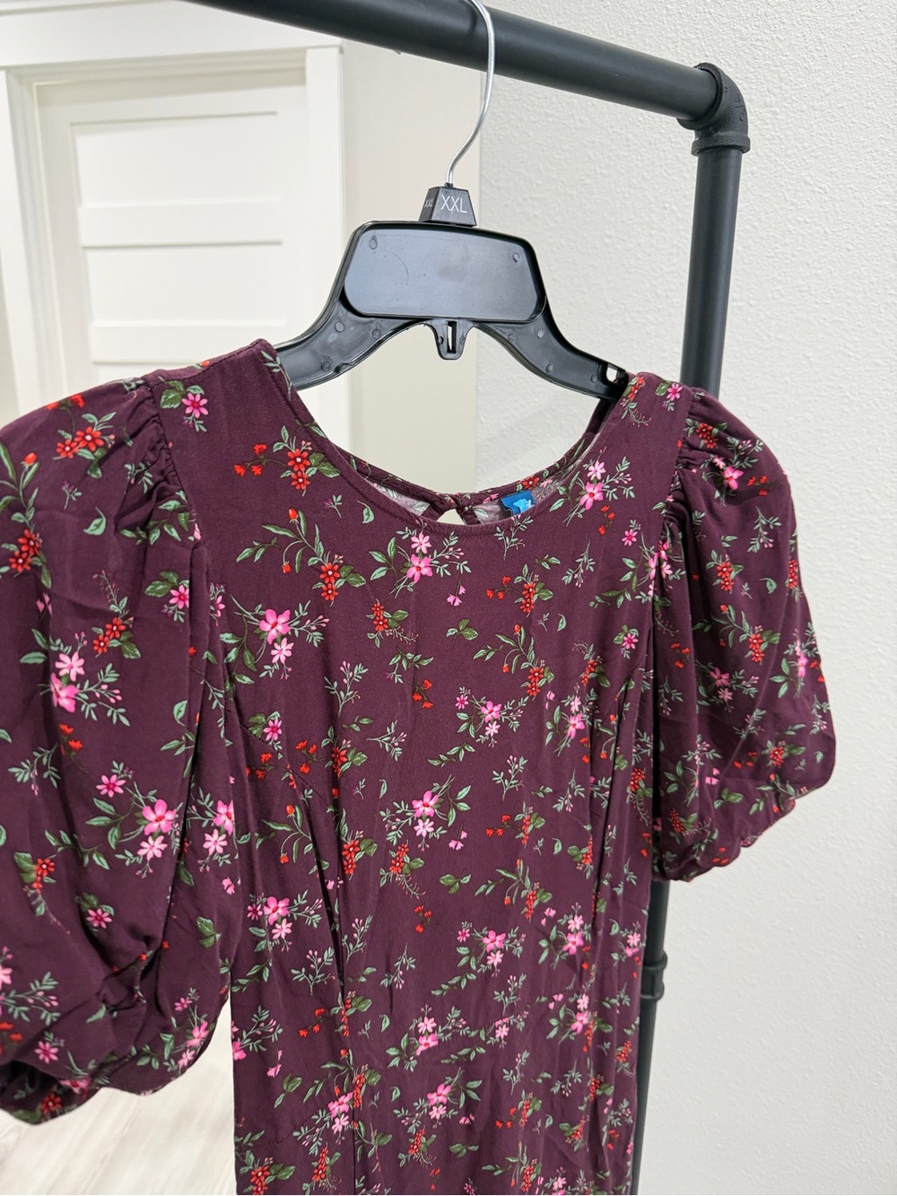 Old Navy Plum Floral Midi Dress with Puff Sleeves - Picture 2 of 5